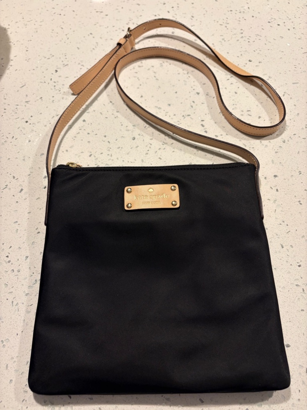 kate spade Black Crossbody with Tan Strap and Gold Plate
